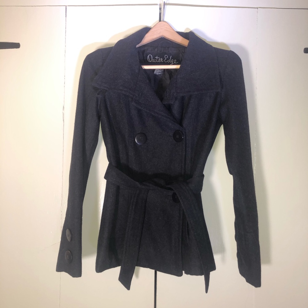 OUTER EDGE| WOOL POLY BLEND CHARCOAL PEACOAT|XS
